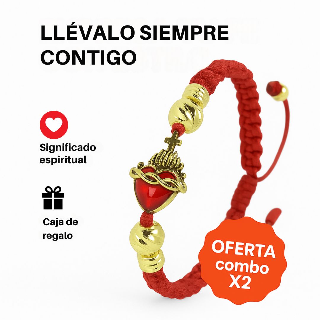 (Combo X2) Pulsera Tejida Sagrado Corazón de Jesús Piedra Roja