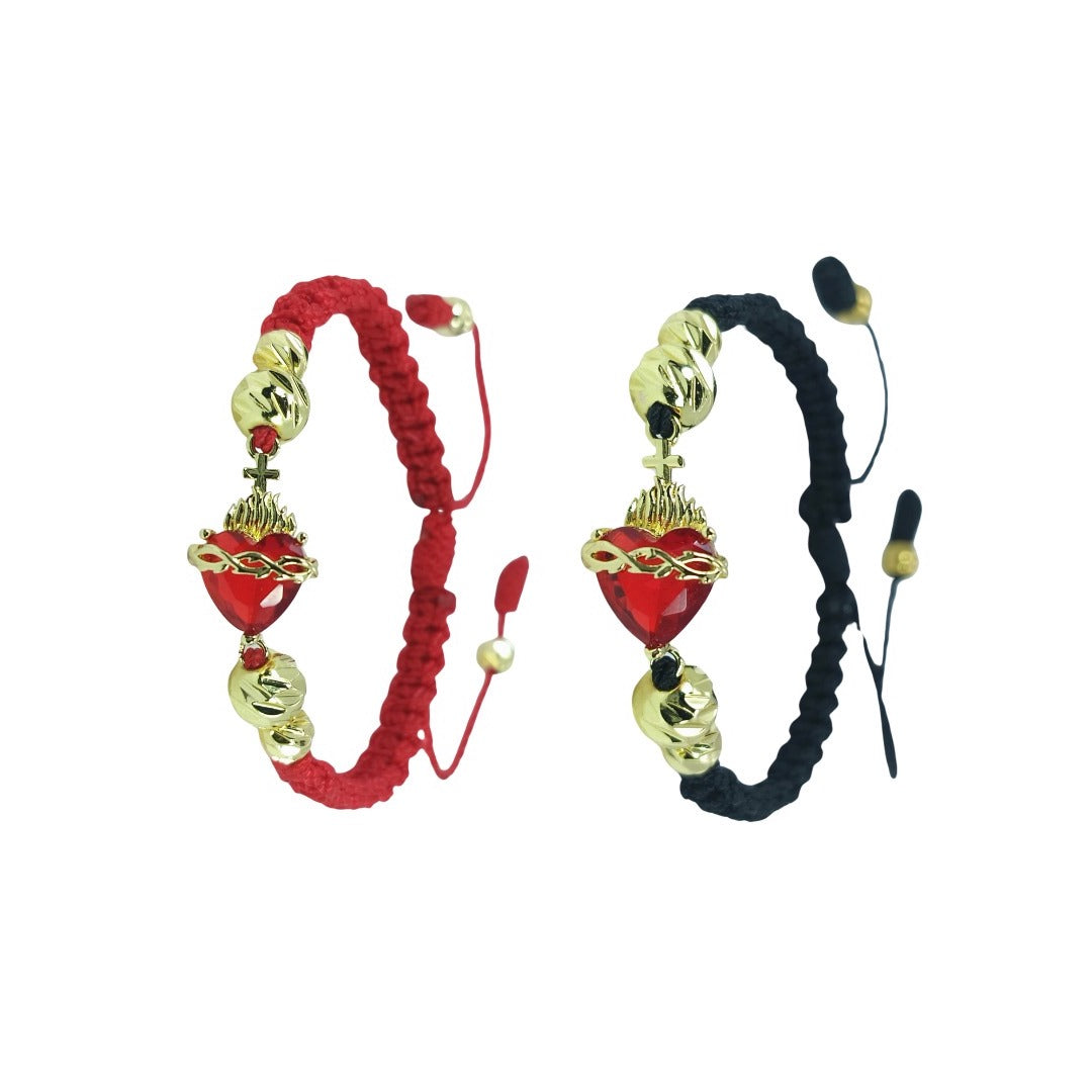 (Combo X2) Pulsera Tejida Sagrado Corazón de Jesús Piedra Roja