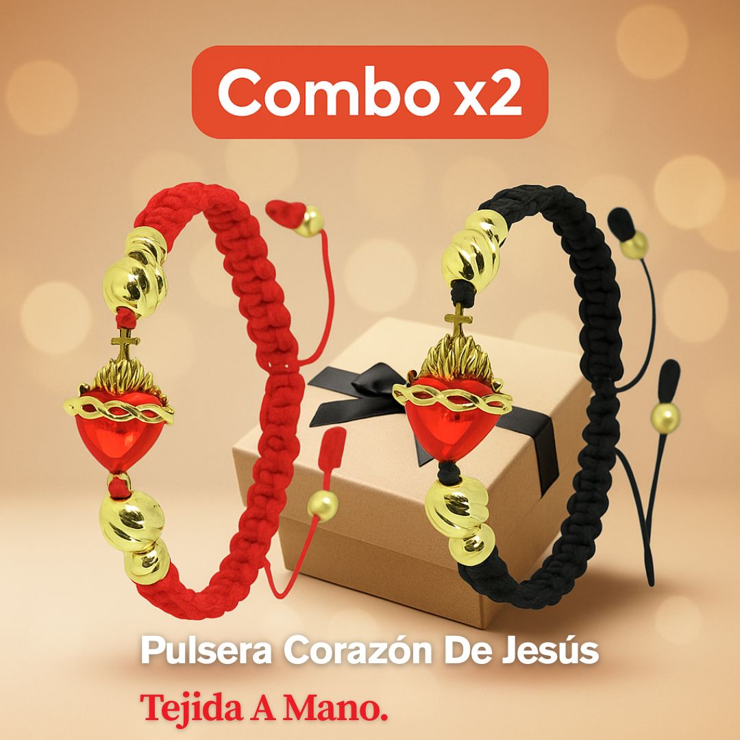 (Combo X2) Pulsera Tejida Sagrado Corazón de Jesús Piedra Roja