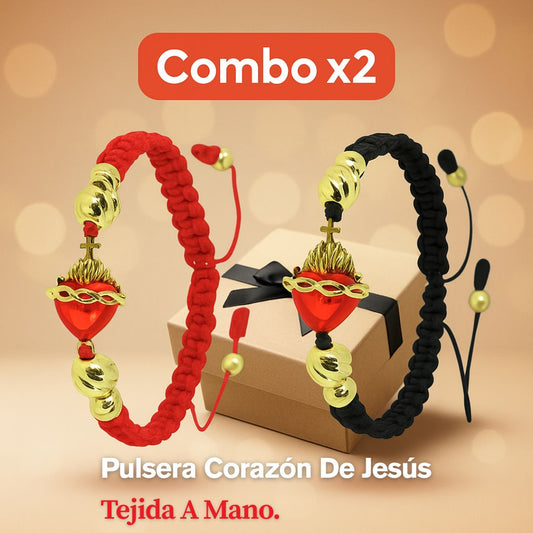 (Combo X2) Pulsera Tejida Sagrado Corazón de Jesús Piedra Roja