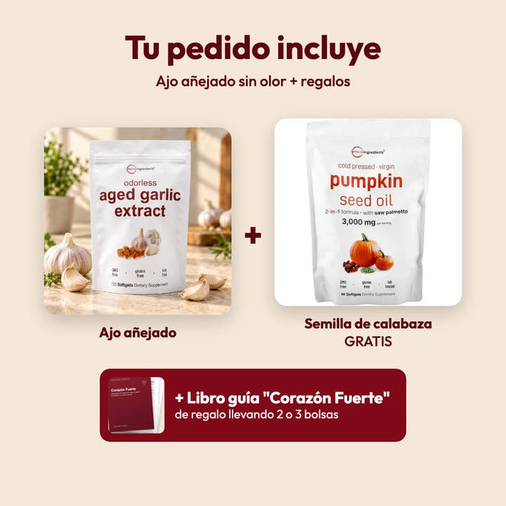 Tu pedido incluye ajo añejado, semilla de calabaza y libro guía