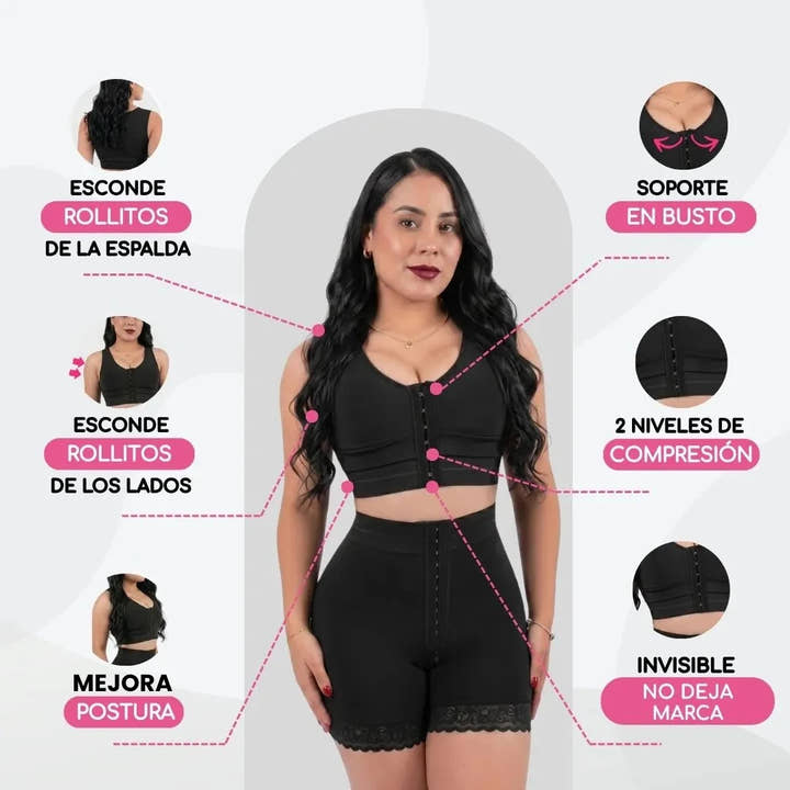 Esconde rollitos de la espalda y de los lados, soporte en busto, 2 niveles de compresión, invisible